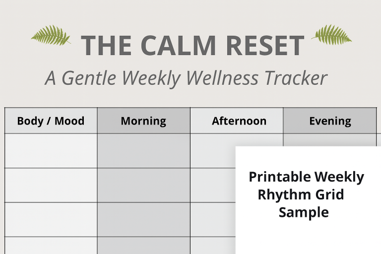 A sample image of The Calm Reset wellness tracker, showing a simple weekly grid with columns for body/mood, morning, afternoon, and evening check-ins. Text reads “The Calm Reset: A Gentle Weekly Wellness Tracker” with green fern illustrations.